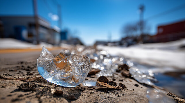 Crystallized water ice following ruptured plumbing pipe faceless property damage defocused blurred frozen burst background broken infrastructure winter damage cold weather
