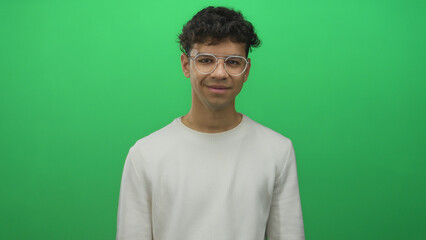 Man wearing glasses facing camera and smiling shows ok sign with hand in a bright green studio; approval.