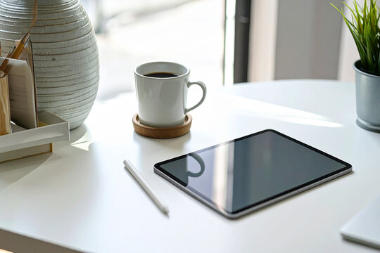 Businessman's office desk with tablet, notebook, pen, and coffee cup on the table