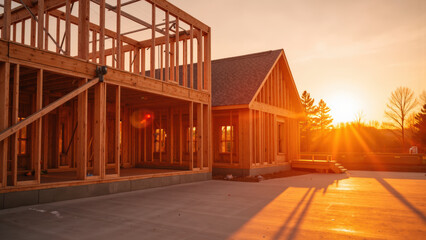 Newly constructed house framing at sunset, showcasing wooden structure and warm light. peaceful scene of home building