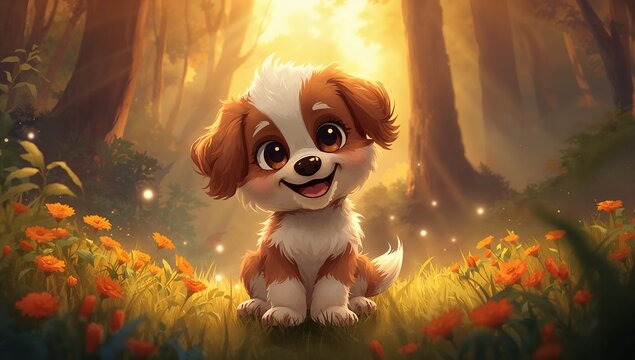 Portrait d&rsquo;un chien chiot adorable, joli mammif&egrave;re brun et blanc, animal de compagnie &agrave; la fourrure douce, pos&eacute; dans un d&eacute;cor chaleureux.