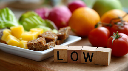 Low energy content phrase display soft defocused health background dietary terminology visual nutritional value indication healthy eating symbol weight management text with