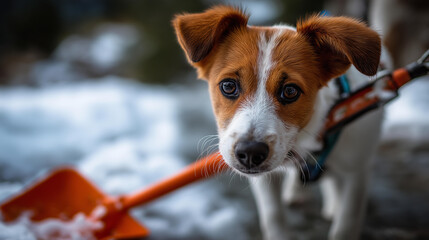 Faceless canine with snow removal shovel tool defocused winter background dog and equipment scene pet in cold season winter animal activity seasonal canine visualization
