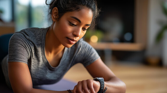 Faceless athletic female checking wrist device with exercise mat defocused yoga background fitness tracking moment workout monitoring scene health app review with copy space - Powered by Adobe