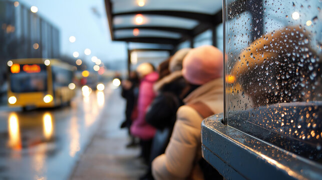 Faceless pedestrians at public transportation shelter during precipitation defocused bus stop background waiting in snowfall winter commuter scene transit in storm seasonal - Powered by Adobe