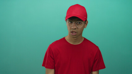 Man with red cap and red shirt and tense face furrows brow in studio over turquoise background; uncertainty.