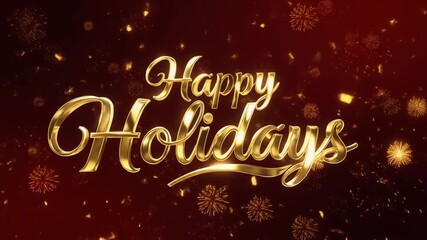 Golden happy holidays text with fireworks on a dark red background for celebration - Powered by Adobe