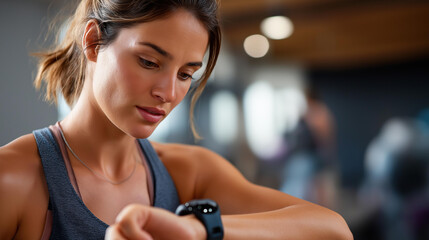 Faceless individual checking expended energy on wrist device defocused fitness background smartwatch review workout metrics examination exercise tracking moment with copy