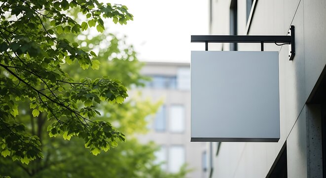 A square blank sign hanging on the side of a building with trees isolated on white background