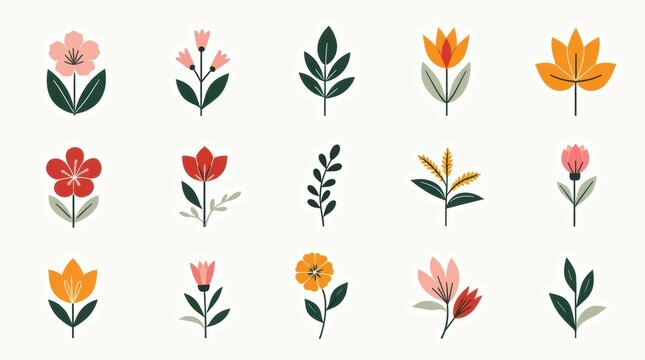 Collection of stylized floral elements and botanical illustrations