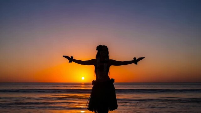 Silhouette of a hula dancer performing at sunset on the beach in hawaii, usa