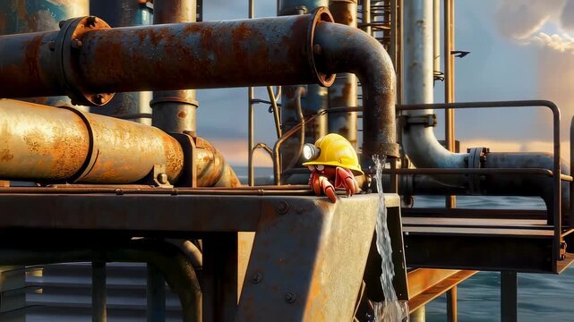 A small crab worker with yellow hard hat surveys a water leak on an old industrial pipeline infrastructure above the ocean, with sunset sky.