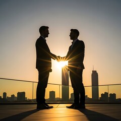 Two silhouetted business professionals finalize a deal with a handshake against a vibrant sunset skyline, symbolizing success, partnership, and ambition in a modern urban environment