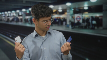 Young man in glasses holds creditcard on building platform with blurred commuters behind; confusion decision.