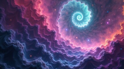 Vibrant nebula swirl with glowing spiral galaxy in cosmic cloud