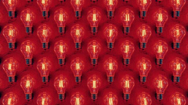 Rows of glowing red incandescent light bulbs create a warm and vibrant background pattern