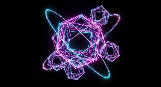 Abstract neon geometric shapes with glowing lines on black background rendering
