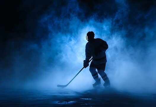 A lone hockey player stands with stick amid swirling blue smoke effects