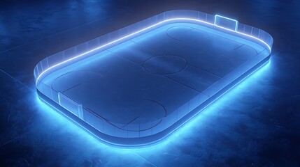 Illuminated blue hockey rink with glowing neon lights in a dark setting