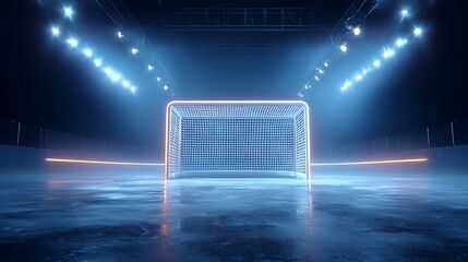 Illuminated hockey goal stands prominently on a glistening dark ice rink