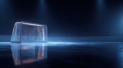 A futuristic glowing ice hockey goal stands alone in a dark arena