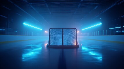 A blue lit ice hockey goal stands prominently in an empty arena