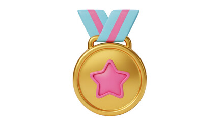 gold medal with a pink star in the center suspended from a double-striped pastel ribbon — great for awards, achievements, gamification badges, competition prizes, and recognition elements.

