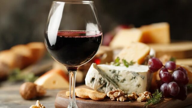 Red wine in a glass with cheese, grapes, and walnuts on a wooden board