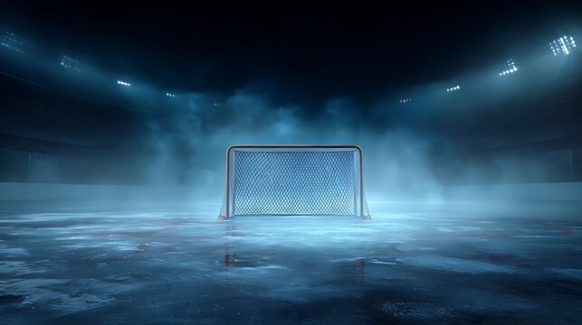 An empty ice hockey goal illuminated in a darkly lit arena