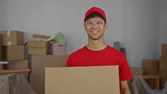 Young hispanic man wearing red cap and shirt holding cardboard box inside empty building hallway; dependability.