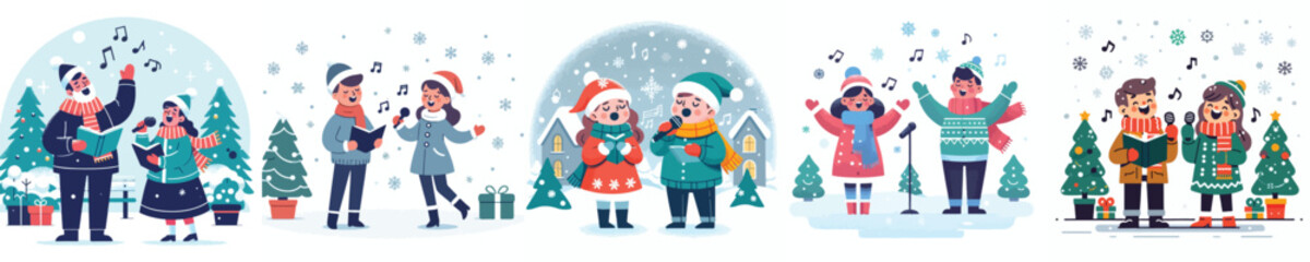 men and women outside in the snow caroling