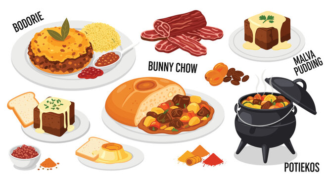 Delicious South African Cuisine Illustration Featuring Bodorie, Bunny Chow, Malva Pudding, and Potjiekos in a Culinary Compilation Artwork