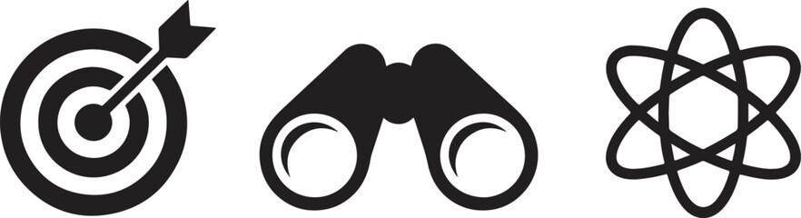 Target binoculars and atomic symbol icons dart arrow