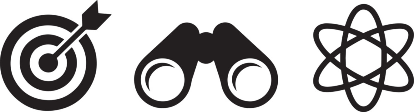Target binoculars and atomic symbol icons dart arrow