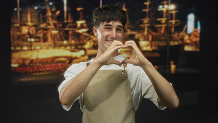 Man forming heart with hands in a naval museum building, wearing apron and white shirt, smiling toward camera; affection heritage.