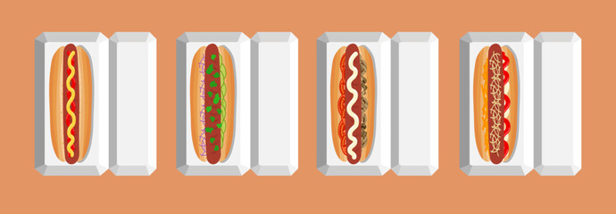 hot dogs with various ingredients  in  cardboard boxes set  top view vector illustration