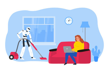 robot housekeeper with vacuum cleaner and woman with laptop on the sofa at home vector illustration 