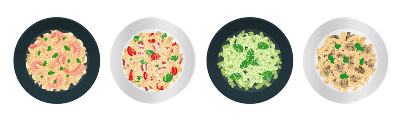 fusilli pasta in plate set with pesto sauce basil mushrooms shrimps tomatoes bacon parmesan top view vector illustration 
