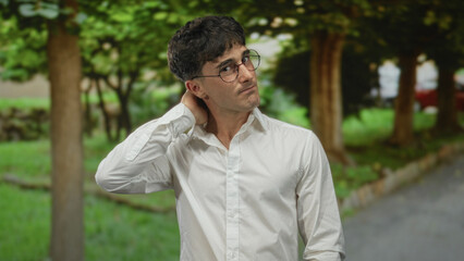 Fototapeta premium Man with hand to neck in forest wearing white shirt and spectacles, standing on park path among trees and grass; pensive doubt.