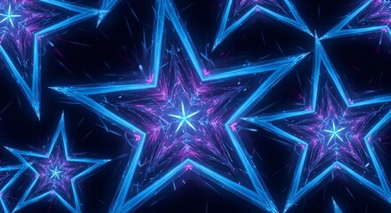 Vibrant star patterns illuminated with blue and purple neon glow kaleidoscope