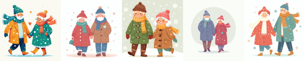 old couple walking together on a snowy road