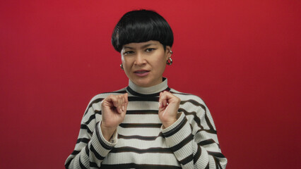 Woman in striped sweater making disgusted face over red background, hands raised as if to ward off something unpleasant, showcasing emotion vividly.