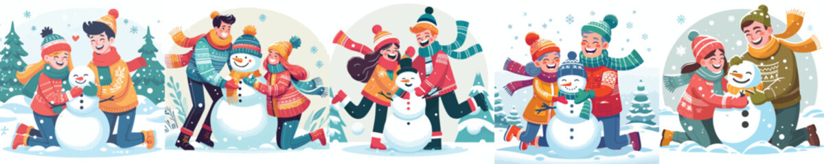 happy couple making a snowman together