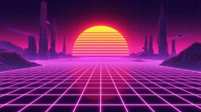 Retrofuturistic synthwave cityscape with neon grid and sunset - Powered by Adobe