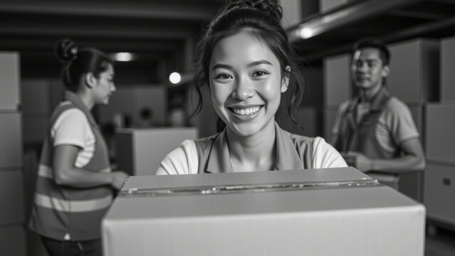 Smiling woman holding box in warehouse, surrounded by colleagues. atmosphere is friendly and collaborative, showcasing teamwork