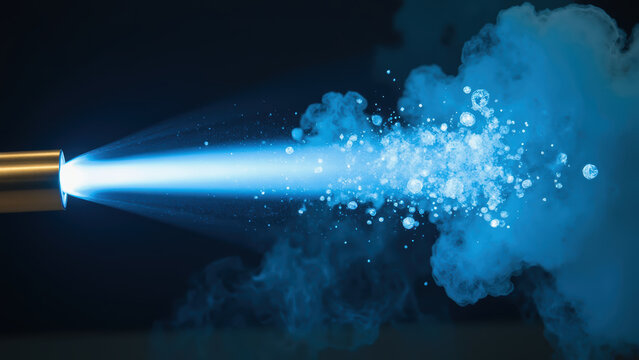 High quality image of blue light beam emitting from nozzle, creating misty cloud with water droplets. scene conveys sense of technology