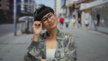 Fototapeta premium Young woman smiling confidently on urban street in vibrant city setting during daytime, expressing positivity and style with glasses and casual outfit.
