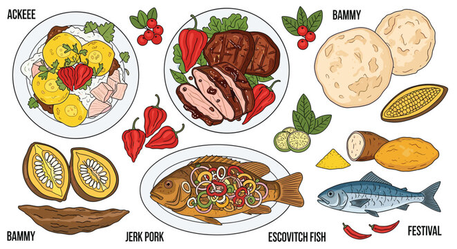 A vibrant illustration of Jamaican cuisine showcasing Ackee and Saltfish, Jerk Pork, Escovitch Fish, Bammy, and Festival, representing the rich flavors of Jamaica.