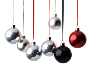 Glossy Christmas balls realistic hanging, Realistic 3D baubles for winter holiday home decor. Isolated elements PNG, AI illustration.