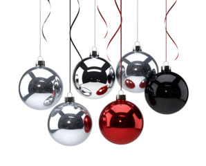 Christmas Ornaments of red, black and silver balls hanging on strings isolated on a white or transparent background. Generative AI